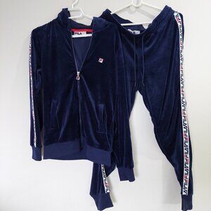 Vintage Navy Blue FILA Velour Tracksuit, Hooded Jacket and Pants Set, M/S